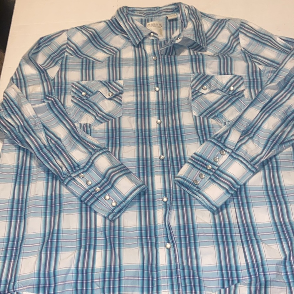 Women's long sleeve pearl snap button blue and white western Roper shirt size 3X